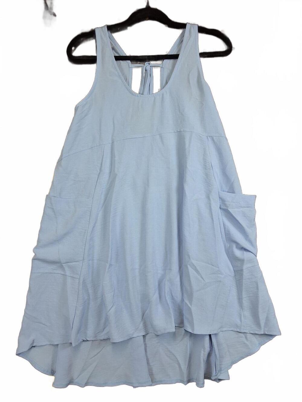 Light Blue Sleeveless Casual Dress with Pockets - Large
